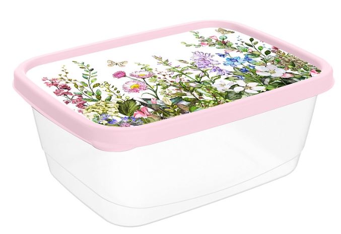 Контейнер для продуктов прямоугольный 1,5л с декором Цветущий луг (светло-розовый)